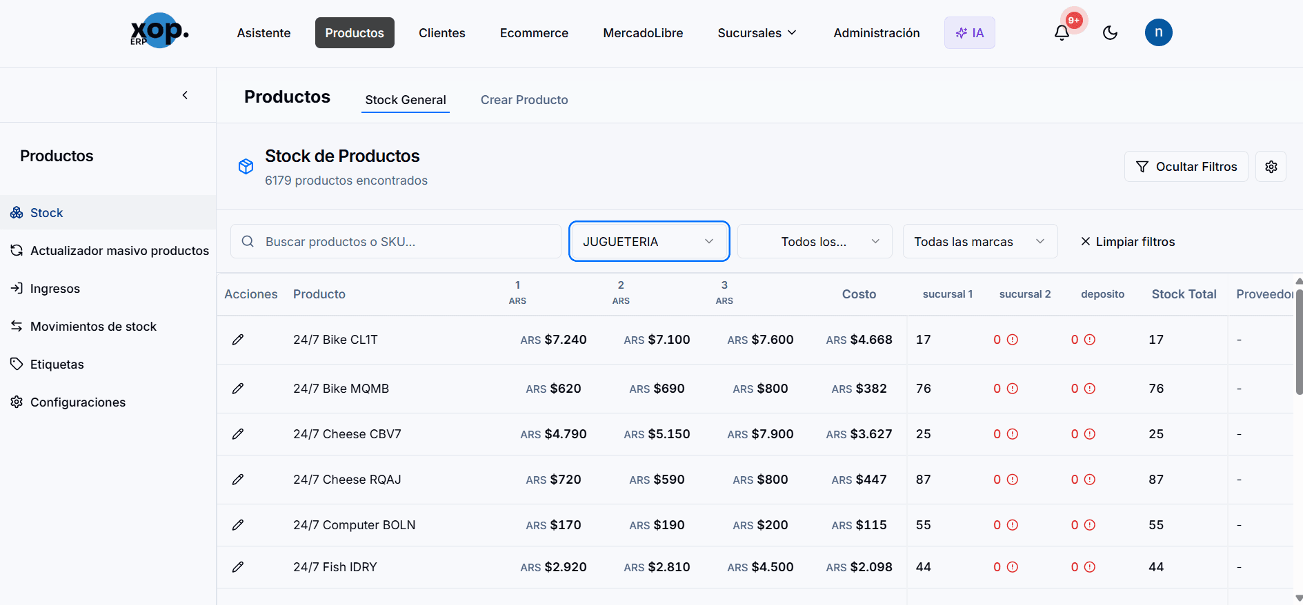 Stock de productos en XOP con precios por lista, costos y stock por sucursal